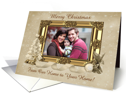Golden Christmas Greetings Photo Card, From Our Home to Your Home card