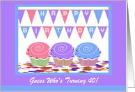 Three Cupcakes, Happy Birthday, Party Invitation, Custom Text card