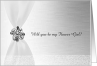White Satin Ribbon Look with Faux Jewel on Silver, Custom Text card