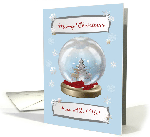 Snow Globe Deer, Tree & Snowflakes, From All of Us, Custom Text card