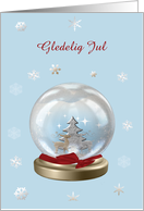 Snow Globe Deer, Tree & Snowflakes, Merry Christmas in Norwegian card