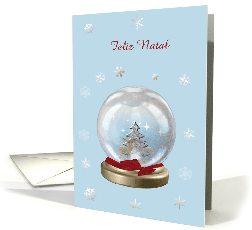 Snow Globe Deer, Tree & Snowflakes, Merry Christmas in Portuguese card