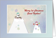 Snow People, Sled, & Hot Chocolate, Custom Text, Great Nephew, 1st card