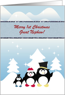 Penguin Family with Hats, Custom Text, Great Nephew, 1st Christmas card