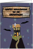 Haunted House with Bats, Ghosts, Black Cat, & Skeleton, Custom Text card