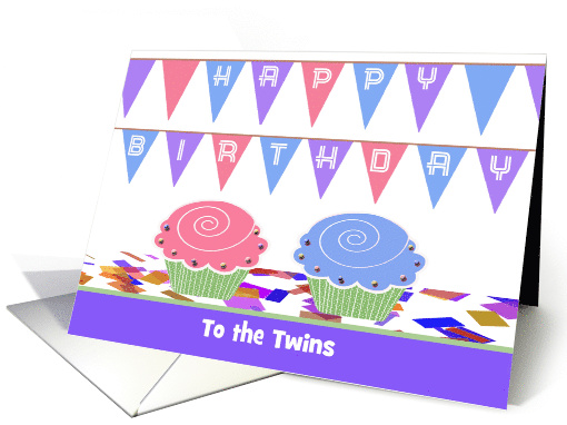 Happy Birthday to Twins, Boy & Girl, Custom Text, Two Cupcakes card