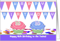 Happy 16th Birthday to Twins, Boy & Girl, Custom Text, Two Cupcakes card