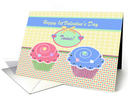 1st Valentine's Day To Twins, Cupcakes & Hearts, Custom Text card