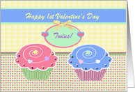 1st Valentine’s Day To Twins, Cupcakes & Hearts, Custom Text card