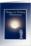 Blue Moon 1st Wedding Anniversary, Silhouette Couple In the Moonlight card