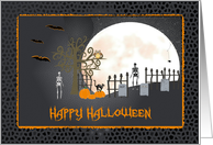 Spooky Graveyard with Owl in a Tree, Big Moon, Happy Halloween card