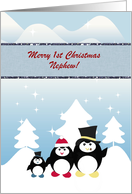 Penguin Family in Hats, Custom Text, Merry 1st Christmas, Nephew card