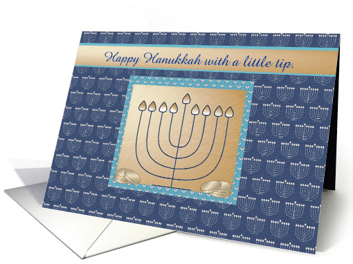 Hanukkah Money enclosed, Menorah with gold coins. Happy Hanukkah card