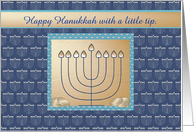 Hanukkah Money enclosed, Menorah with gold coins. Happy Hanukkah card