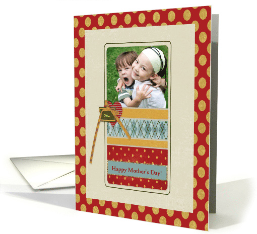 Heart with Ribbon on Dots and Plaid Photo Card, Mother's Day! card