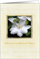 White Clematis on Yellow with Lace, Custom Text, Matron of Honor card