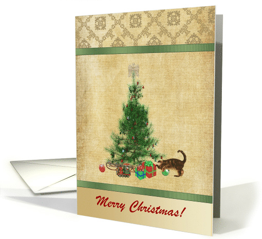 Tree & Kitten playing, Merry Christmas, Custom Text card (235330)