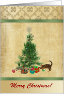 Tree & Kitten playing, Merry Christmas, Custom Text card