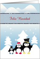 Penguin Family with Hats, Custom Text, Feliz Navidad card