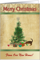 Tree & Kitten playing, Merry Christmas From Our New Home, Custom Text card