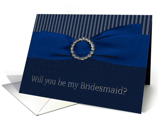 Bridesmaid, Blue Ribbon with Diamond Round Jewel Look on Stripes card