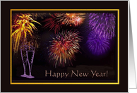 Colorful Fireworks and Glasses with Bubbles, New Year card