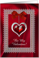Be my Valentine!, Red & Silver Heart Jewel Look, Red Bow, Custom Text card