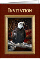 Labor Day Party Invitation, Proud Eagle on log in front of old flag card