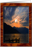 Mountain Lake Sunset with a Pelican and Birds on the Pier / Birthday Wishes to Grandfather card