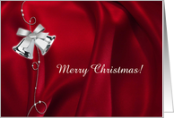 Silver Holiday Bells on Red Satin Look, Custom Text, Merry Christmas card
