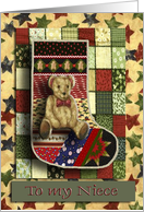 Teddy Bear Stocking with Stars, Baby’s First Christmas, For Niece card