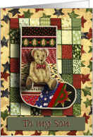 Teddy Bear Stocking with Stars, Baby’s First Christmas, For Son card