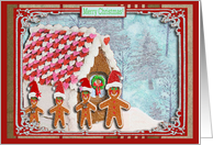 Gingerbread People in front of a Gingerbread House / Merry Christmas card