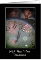 2025 New Year Invitation Clock and Fireworks Custom Text card