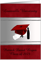 2024, Cap & Diploma, Commencement Ceremony, Silver & Red, Custom Text card