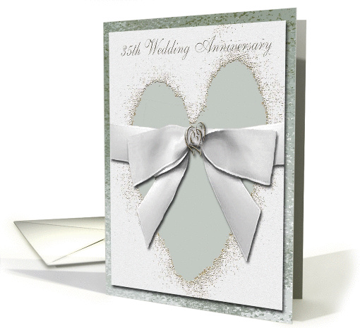 White Bow on Pastel Green Coral Heart, 35th Wedding Anniversary card