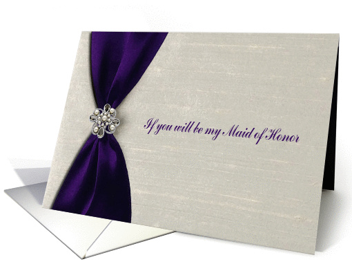 Invitation, Maid of Honor, Deep Purple Satin Ribbon with Jewel card