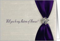 Invitation, Matron of Honour, Deep Purple Satin Ribbon with Jewel card