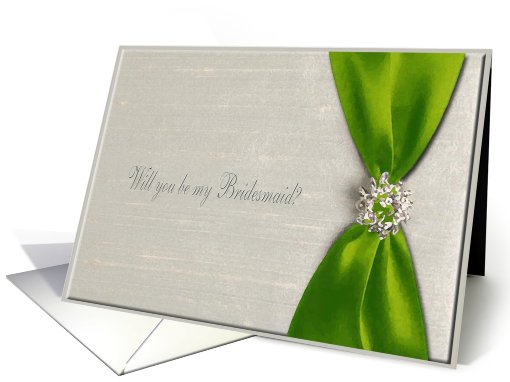 Invitation, Bridesmaid, Pear Green Satin Ribbon with Jewel 1 card