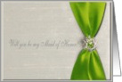 Invitation, Maid of Honor, Pear Green Satin Ribbon with Jewel 2 card