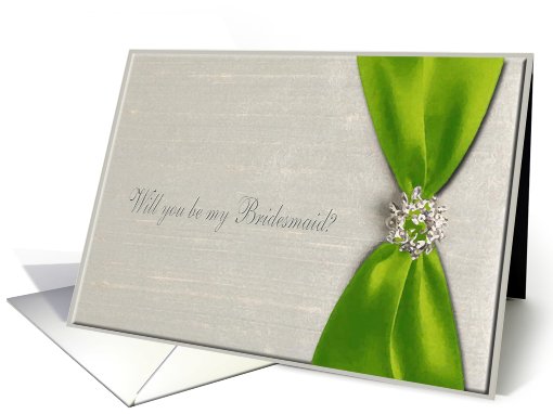 Invitation, Bridesmaid, Pear Green Satin Ribbon with Jewel 2 card