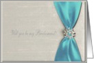 Invitation, Bridesmaid, Tiffany Blue Satin Ribbon with Jewel card