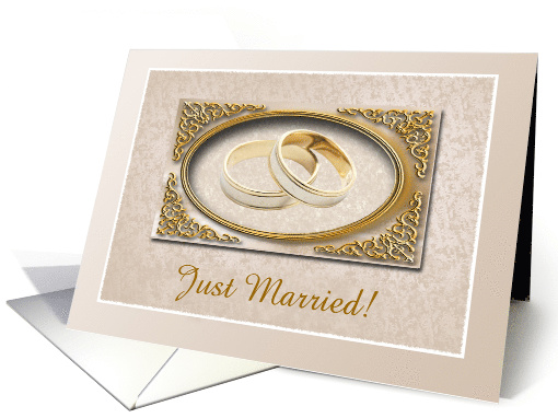 Announcement, Just Married, Two Gold Wedding Rings, Custom Text card