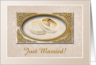 Announcement, Just Married, Two Gold Wedding Rings, Custom Text card