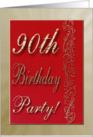 90th Bithday Party Invitation, Red and Gold Design card