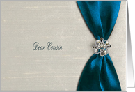 Invitation, Bridesmaid, To Cousin, Pearl Blue Satin Ribbon with Jewel card