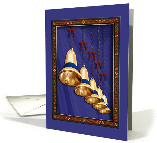Invitation, Bell Ringer, Gold Bells on Chains with Red Bows card