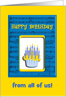 Happy Birthday from all of us, Birthday Cupcake on Musical Note card