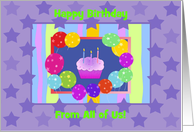 Happy Birthday from all of us, Colorful Cupcake and Balloons card
