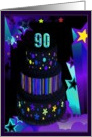 90th Birthday Party Invitation, Cake with stars, Purple card